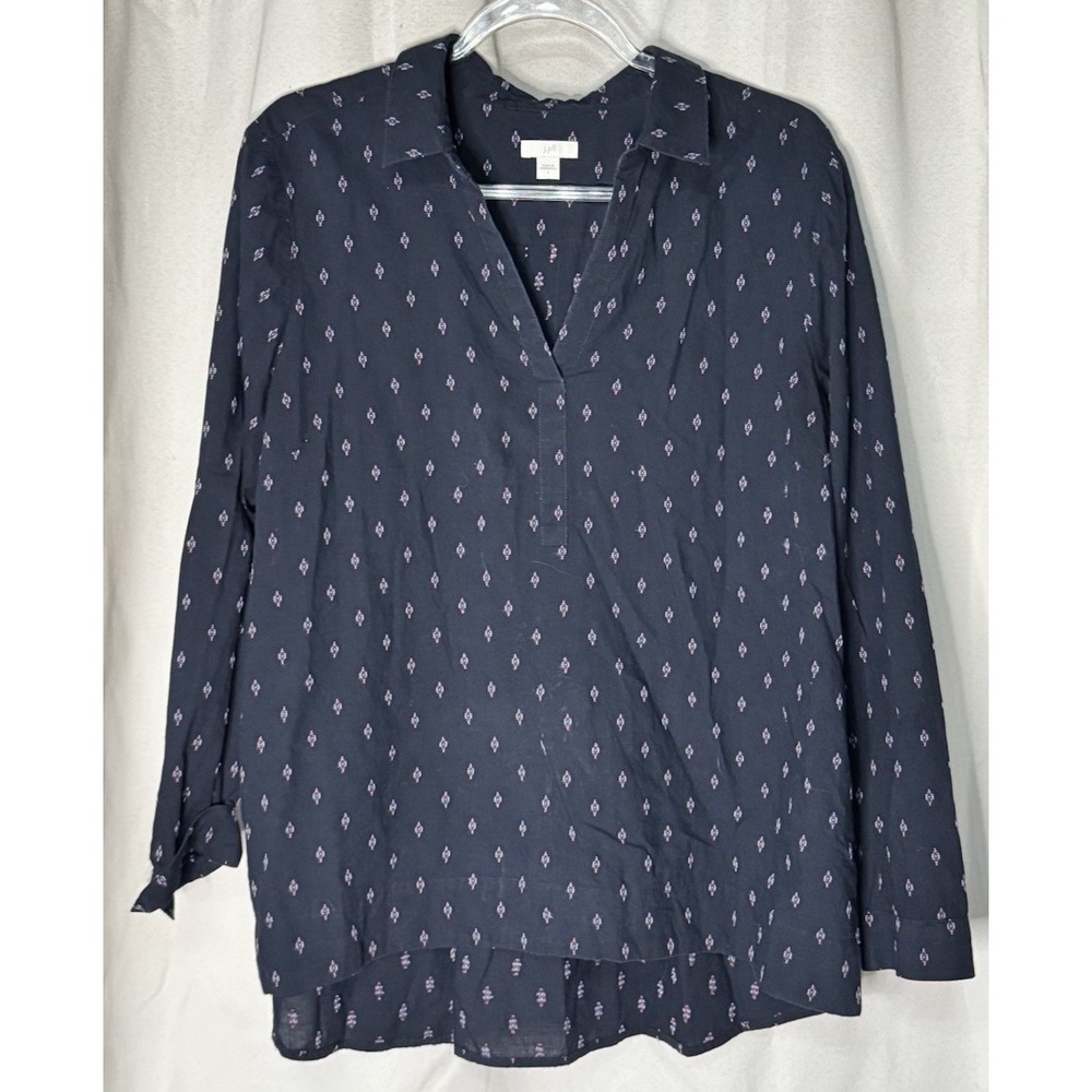 J.Jill Women's Navy Blue Embroidered Cotton Tunic Blouse Shirt Size L